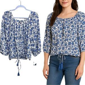 NWT Angels Forever Young Blue Floral Boho Peasant Top M Tassel Tie Rayon